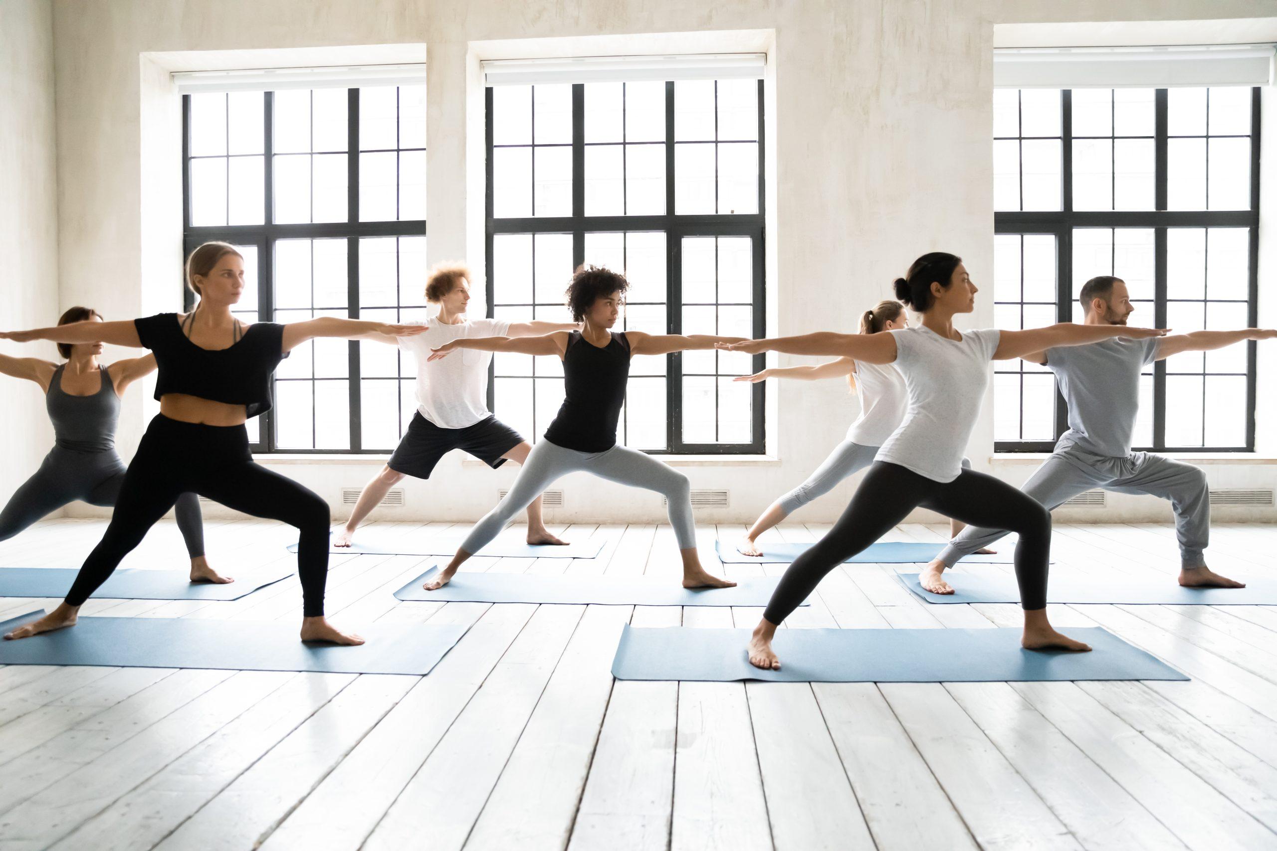 Group,Of,Multiracial,People,Practicing,Yoga,Asanas,,Doing,Warrior,Two